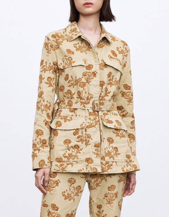 플로럴 프린트 벨트 데님 재킷