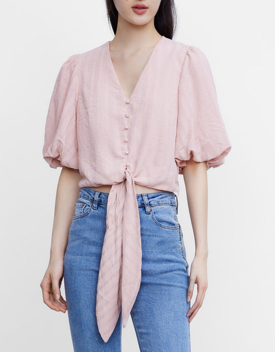 매듭 프런트 랜턴 슬리브 블라우스
