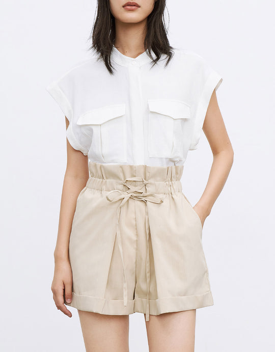 플리츠 웨이스트 플랩 포켓 민소매 블라우스