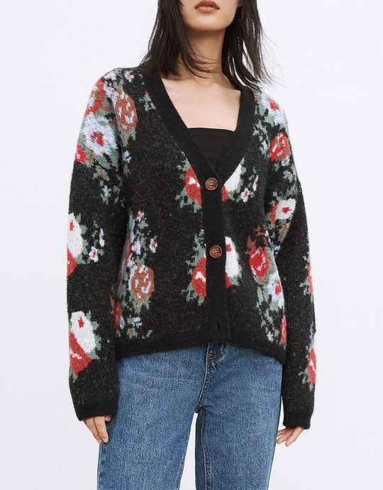 플로럴 자카드 V넥 가디건
