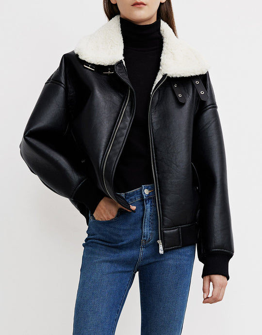 인조 가죽 엘라스틱 헴 모토 자켓