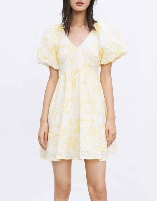 플로럴 패턴 퍼프 슬리브 스케이터 드레스