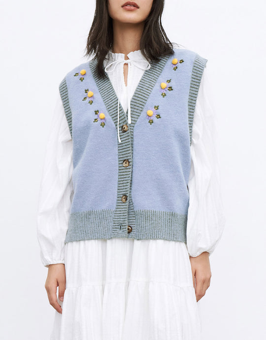 꽃자수 버튼업 스웨터 조끼