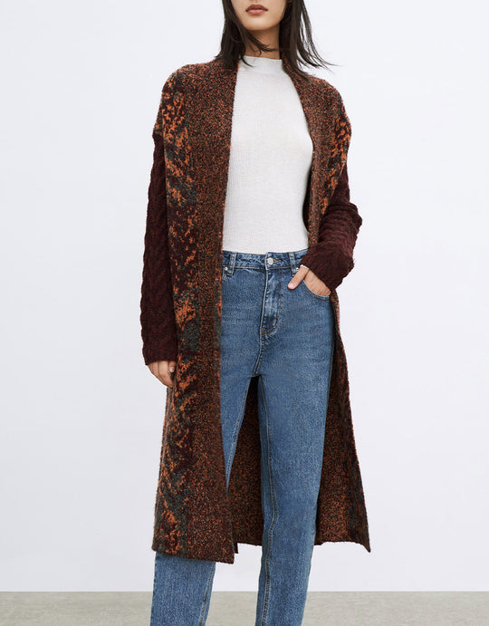 올오버 패턴 벨트 롱 가디건