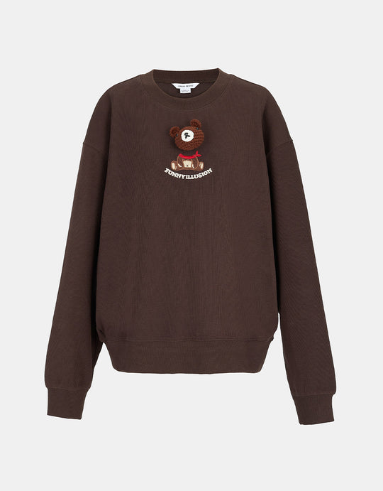 만화 곰 장식 드롭 숄더 스웨트셔츠