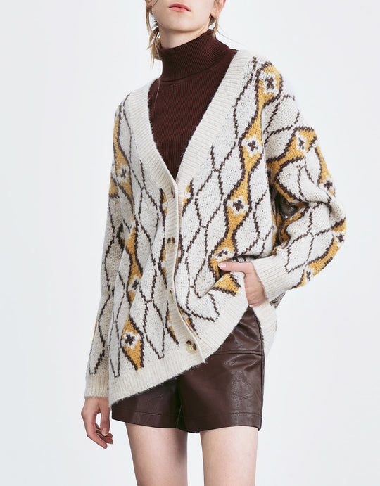 아가일 자카드 버튼 업 가디건