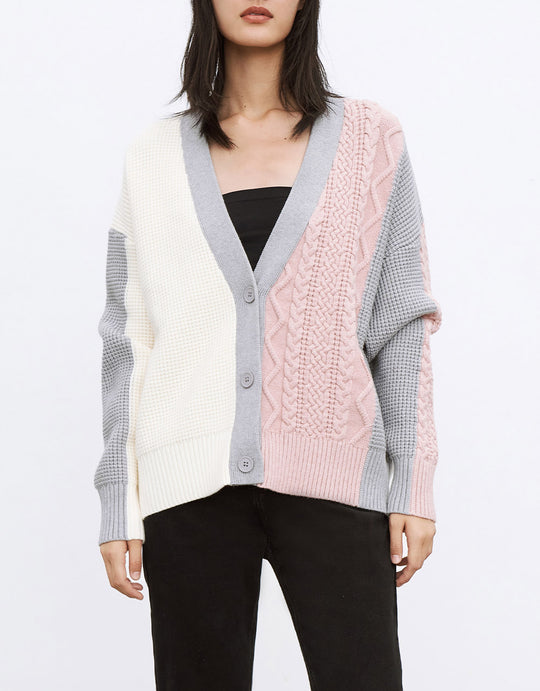 컬러 블록 케이블 니트 가디건