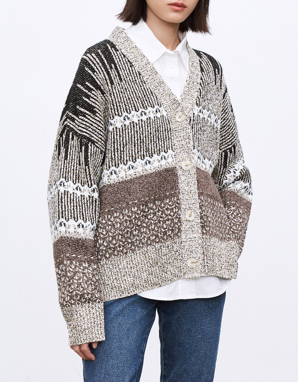 자카드 버튼 업 카디건