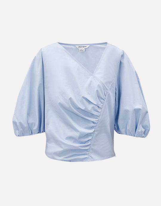 비대칭 넥 퍼프 슬리브 블라우스