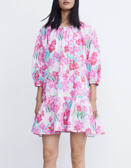 플로럴 프린트 러플 트리밍 드레스