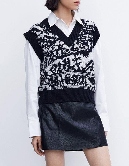 자카드 V 넥 스웨터 조끼