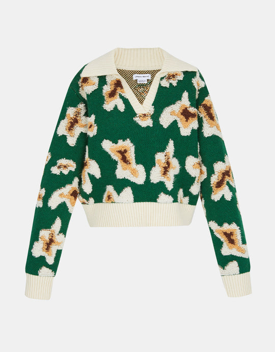 플로럴 자카드 V넥 스웨터