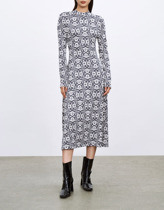 올오버 프린트 니트 바디콘 드레스