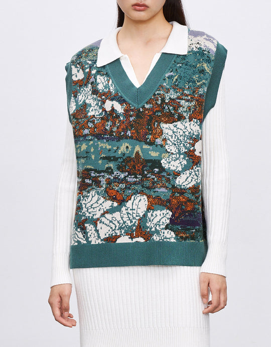 추상 자카드 스웨터 조끼