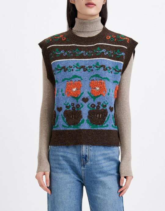 플로럴 자카드 레트로 스웨터 조끼