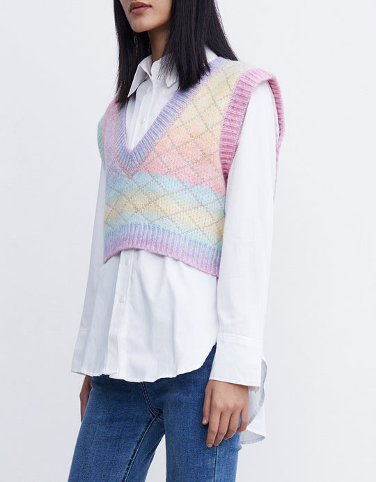 무지개  V 넥 스웨터 조끼