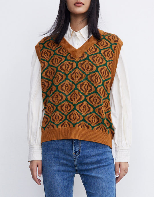 올오버 패턴 레트로 스웨터 조끼