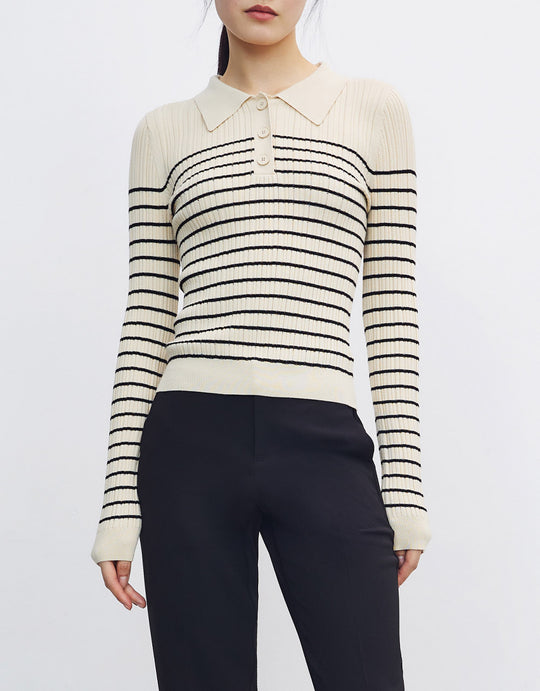스트라이프 골지 니트 폴로 셔츠