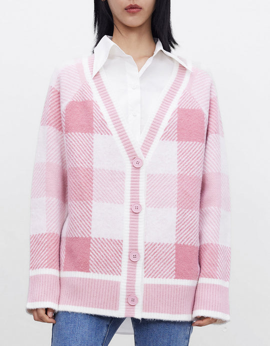 체크 버튼업 니트 가디건