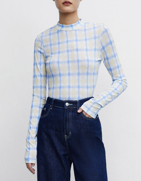 체크무늬 롱 슬리브 스키니 니트 탑