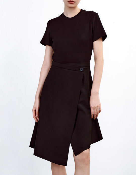 크루넥 밑단 비대칭 랩 드레스