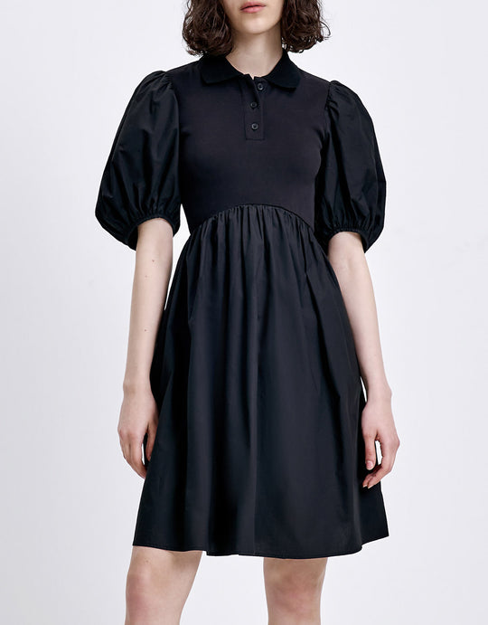 하프 버튼 퍼프 소매 드레스