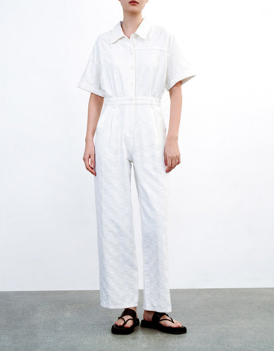 버튼 프런트 데님 점프수트