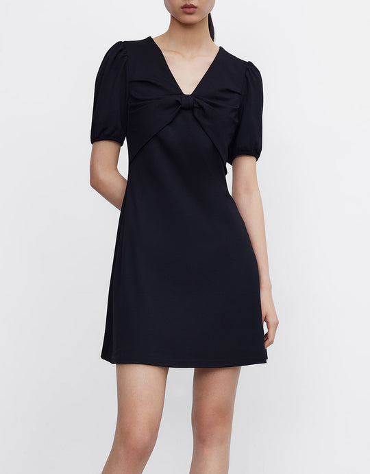 앞리본 포이트 퍼프 슬리브 드레스