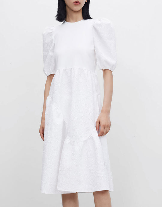 퍼프 슬리브 미디 드레스