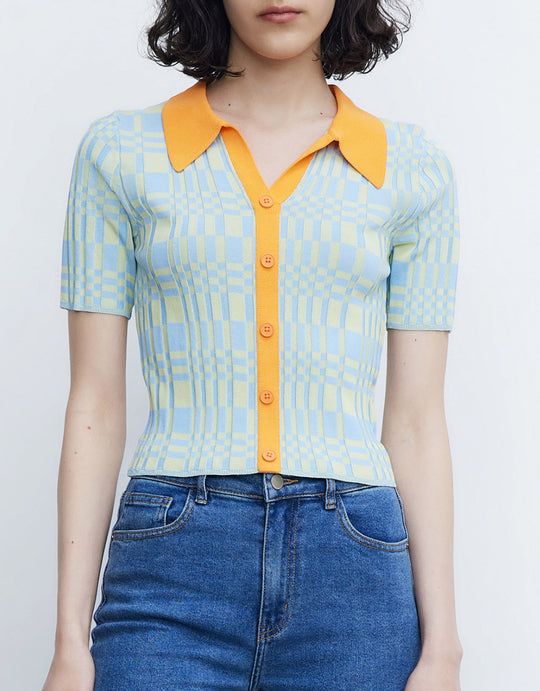 대비 칼라 버튼업 체크 니트 탑