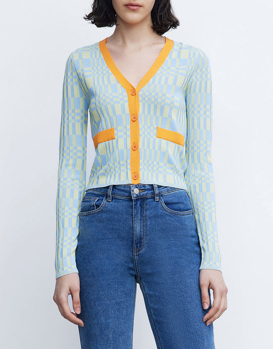 콘트라스트 트리밍 체크 버튼 업 카디건