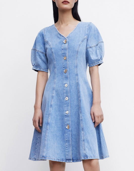 V넥 데님 드레스