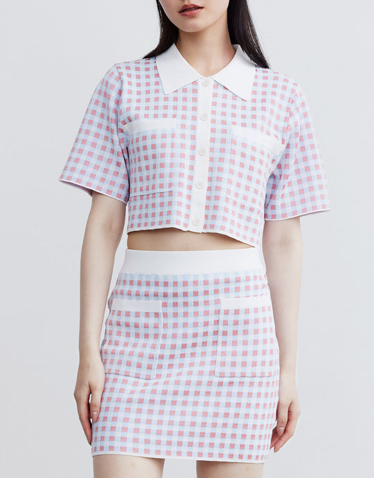 라펠 버튼업 반팔 니트 탑