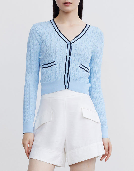 V넥 케이블 니트 가디건