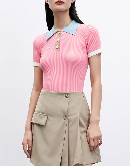 반버튼 라펠 니트 티셔츠