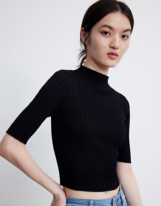 스탠드 카라 니트 티셔츠