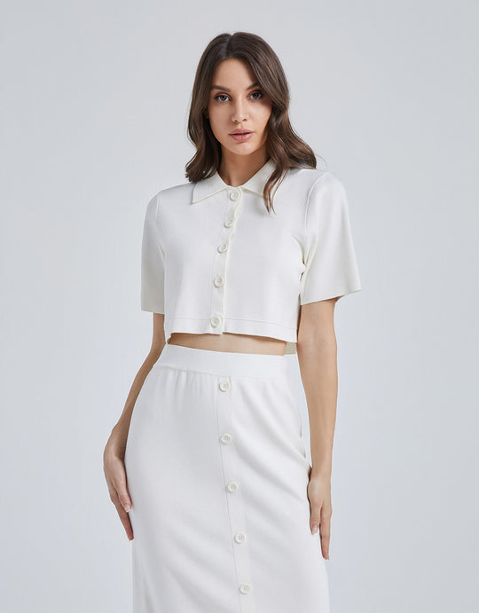 오프 숄더 리브드 크루 넥 칼라 가디건