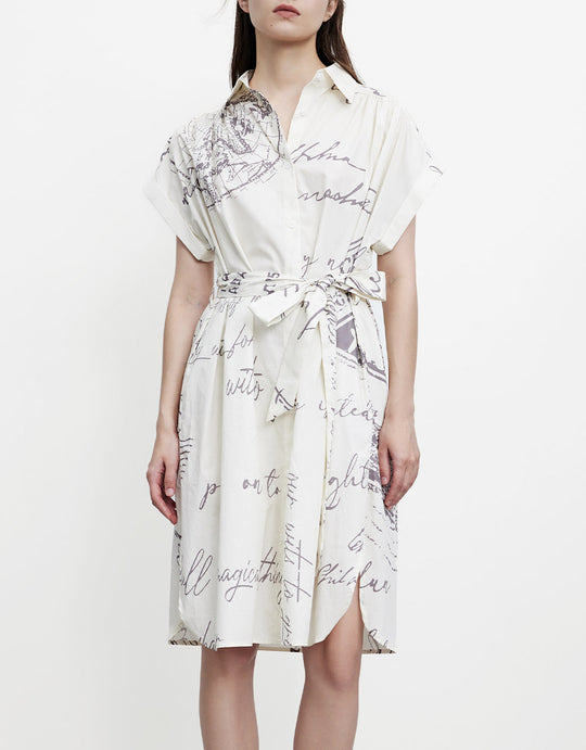 올오버 레터 프린트 벨트 버튼 업 셔츠 드레스