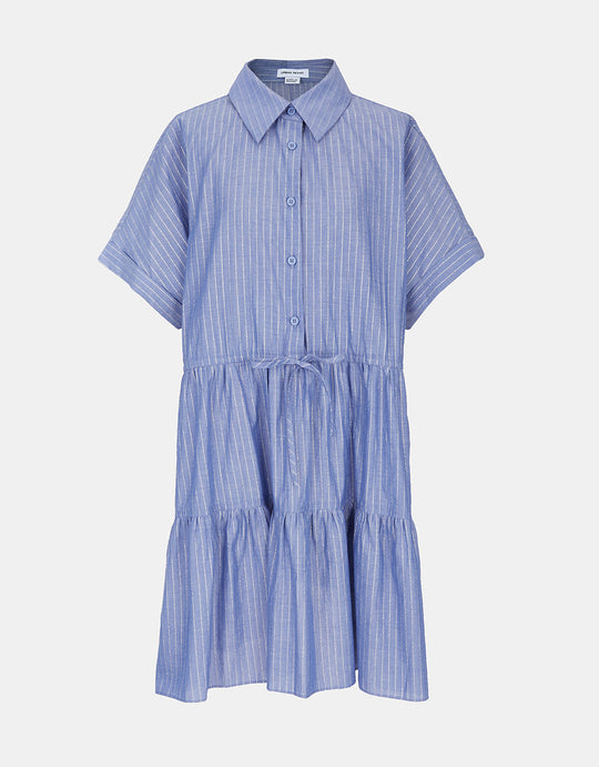 스트라이프 엘라스틱 웨이스트 프릴 헴 드레스