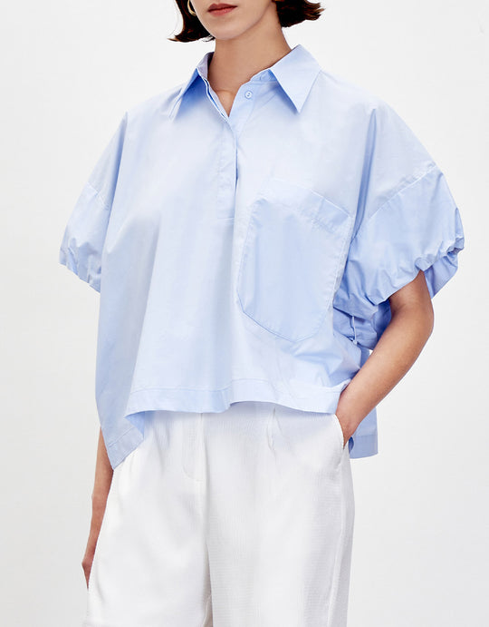 버튼 하프 플래킷 퍼프 슬리브 블라우스