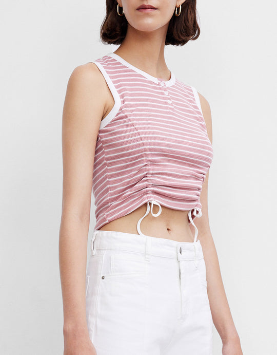 드로스트링 플리츠 디테일 스트라이프 프린트 탱크탑