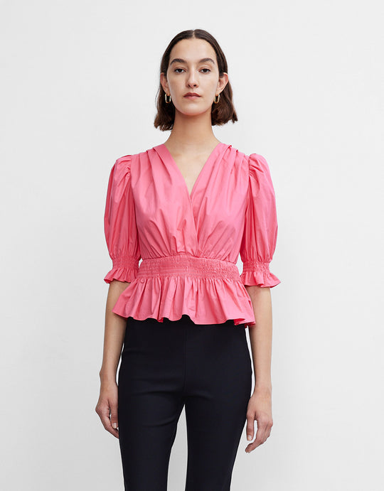 퍼프 소매 V넥 블라우스