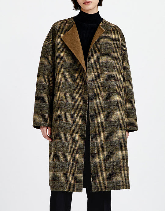노칼라 체크 롱 코트