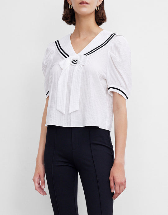 세일러 칼라 보우 프론트 퍼프 슬리브 블라우스