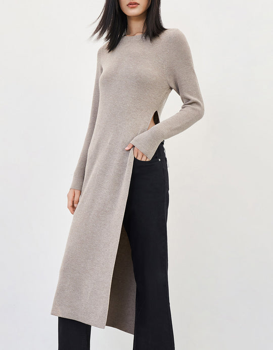 하이 스플릿 롱라인 니트 티셔츠