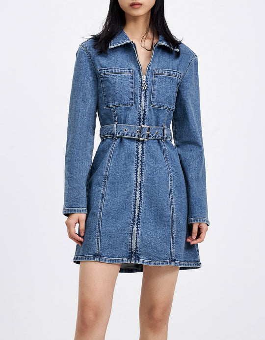 벨트 지퍼 업 패치 포켓 데님 드레스