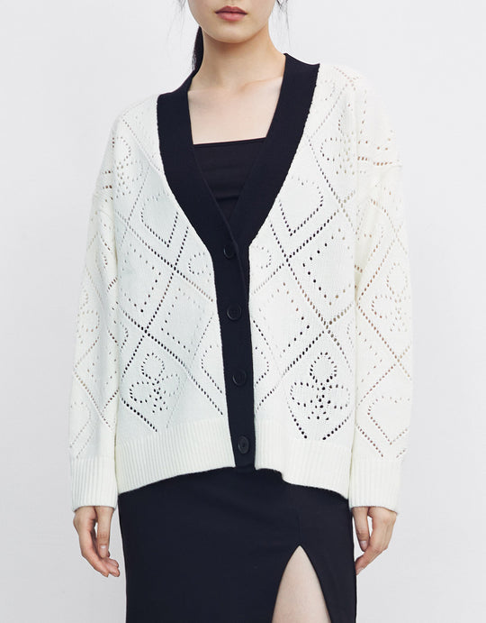 V넥 그물 니트 카디건