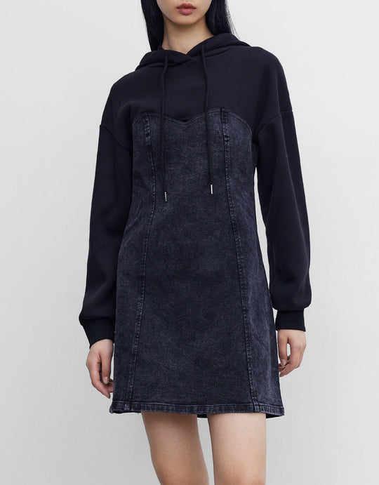 패치워크 후드 데님 드레스