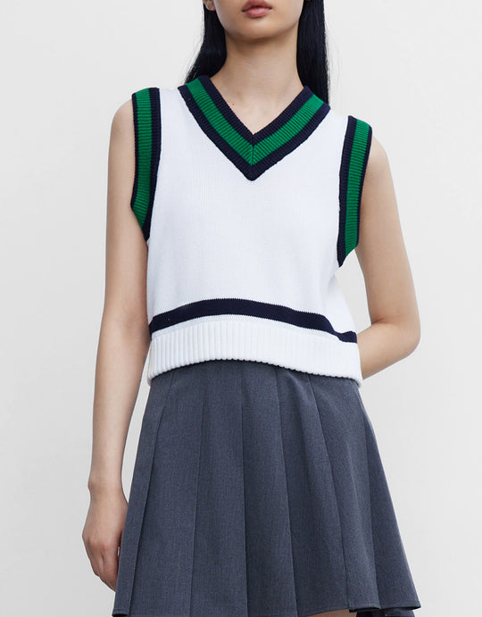 콘트라스트 트리밍 V 넥 스웨터 조끼