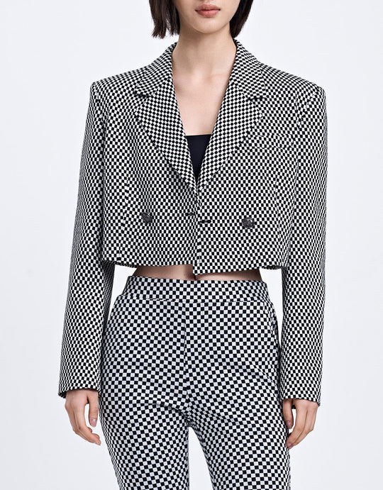 체크무늬 크롭 블레이저